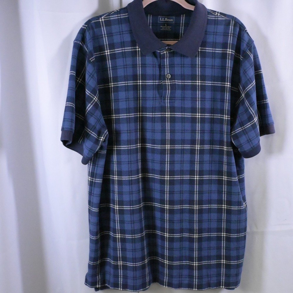 L.L. Bean Blue Plaid Short Sleeve Cotton Polo Shirt Men's Large
